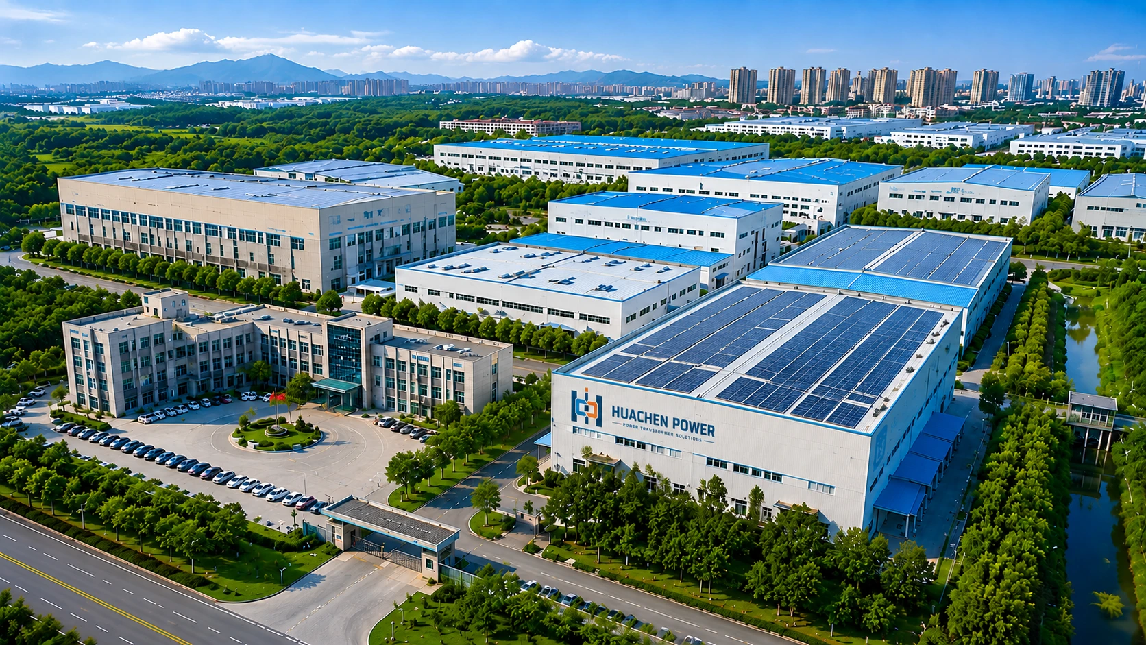 Aerial view of a HUACHEN transformer manufacturing network campus