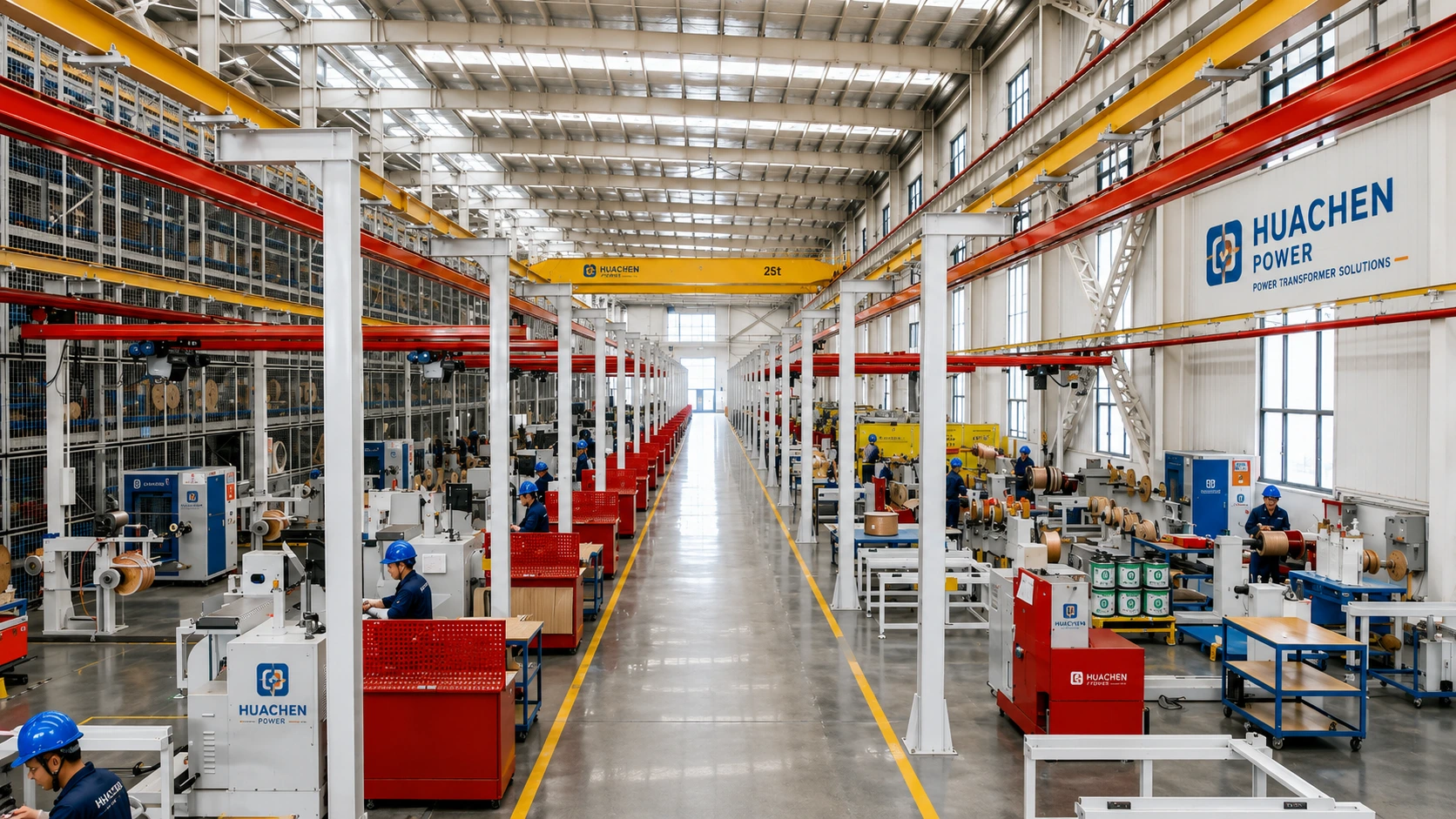 Power transformers under manufacture in the HUACHEN factory workshop